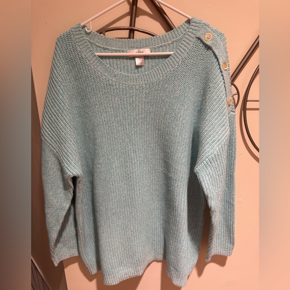 CJ Banks Light Blue Knit Sweater with Shoulder Buttons Size 2X NWOT Cotton Blend